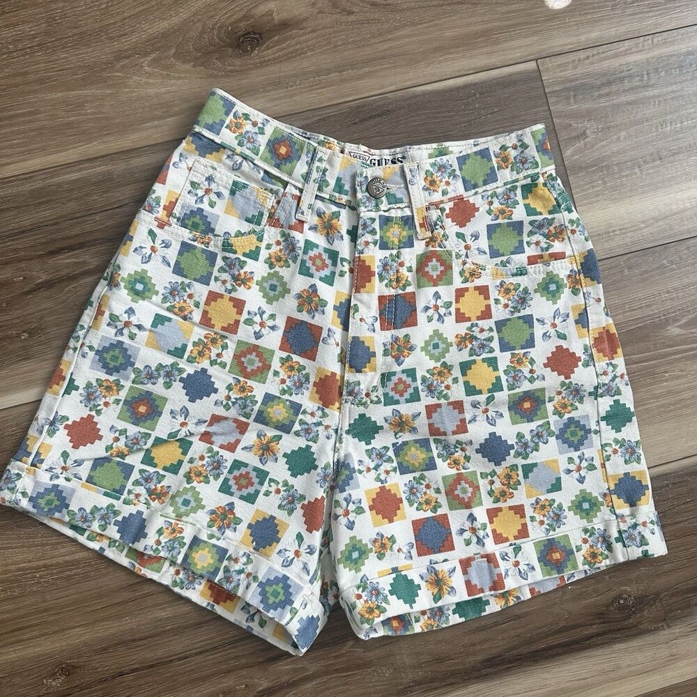 Vintage 90s GUESS USA Southwestern Patchwork Print High Waist Shorts XXS 23”